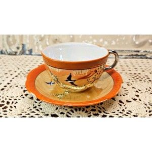Gold Castle Japanese Luster Ware Hand Painted Cup & Saucer Bird Cherry Blossoms